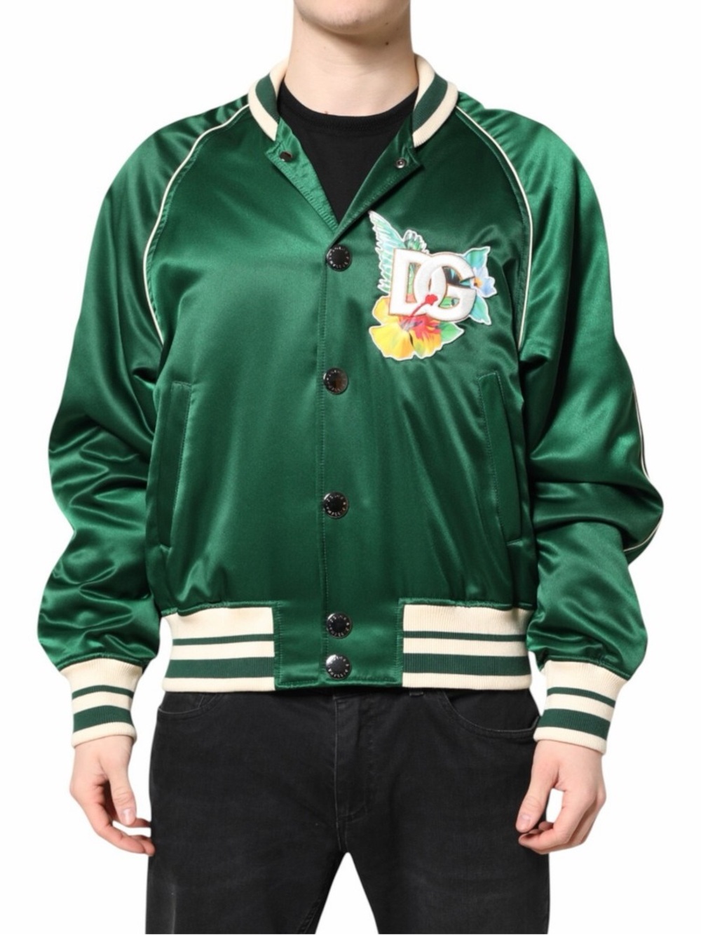 Dolce & Gabbana Emerald Satin Bomber Jacket with Embroidered Crest